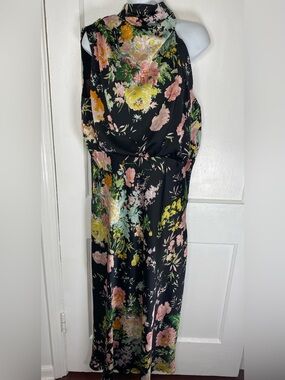Petal & Pup Annabelle Funnel Neck Satin Black Floral Sleeveless Midi Dress
